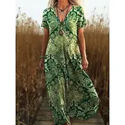 Women's Maxi Dress Sundress A Line Dress Vacation Casual Boho Going out Regular Fit Floral Graphic Paisley Short Sleeve V Neck Pink Blue Green Dark Blue Summer