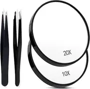 10x 20x Magnifying Mirror, 3.46 Inch Magnifying Mirror with Eyebrow Tweezers Kit Magnified Makeup Mirror Portable Mini Travel Magnification Mirror with Suction Cup Design for Women Men (Black)