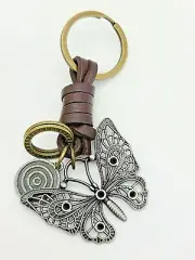 Antique Gold & Oiled Bronze Butterfly Key Chain w Leather & Medallion Accents