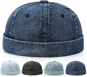 [Initlove] Mens Docker Hat Denim Brimless Sailor Hat Beanie Cap, Dark Blue, One size