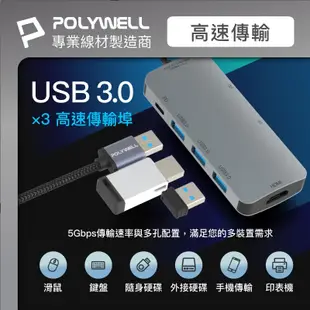 POLYWELL 7合1轉接器 type C 轉 HDMI USB3.0 3孔 Micro SD 讀卡器