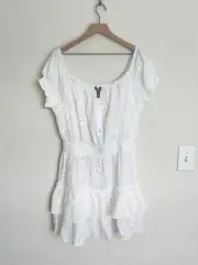 NWT AQUA EYELET White Ivory Swim Cover Up Ruffle Peasant Mini Dress Large