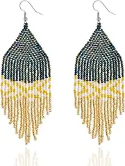 [POFILALA] Native Beaded Tassel Earrings Boho - Handmade Seed Bead Statement Fringe Drop Earrings for Women Dangling