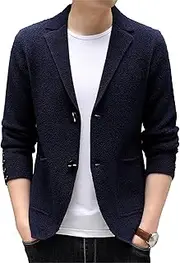 [SWJGLITTR] Men's Wool Blend Cable Cardigan Button Down Blazer Pockets Men Cardigans Lightweight Knitted Button Sweaters, Deep Blue, Large