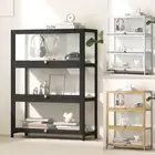 Oikiture Display Cabinet Storage 3-Tier Shelves Bamboo Clear Bookcase Stand Rack