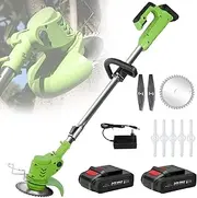 Electric Weed Wacker, Weed Eater Battery Powered, Grass Trimmer Edger Lawn Tool, Cordless String Trimmer with 3 Types Blades Lightweight Push Lawn Mower for Garden Yard,2Pack Battery