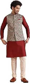 [KISAH] Men's Kurta Jacket Churidar Set, Green Cotton, Floral Long Sleeves Regular Fit Mandarin Collar