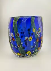 Millefiori Vase Cobalt Blue, New in Box, Murano Style Heavy Art Glass Vase Ocean