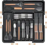 FORYUSE Expandable Cutlery Drawer Organiser Utensil Tray Removable Knife Blocks Adjustable Large Flatware Storage Holder Divider Kitchen for Spoons Forks