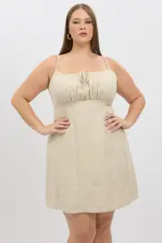 Beige Tie Front Shoestring Strap Linen Blend Minidress