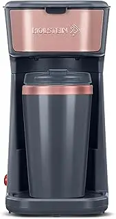 [Holstein Housewares] Single Serve Coffee Maker, 14oz Personal Coffee Brewer Machine with Reusable Filter, One Touch Operation & Auto Shut Off, Rose Gold and Grey