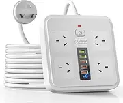 Powerboard USB, 10IN1 Power Strip USB C, Power Board Surge Protector with 4-Outlets, 2Meter Power Extension Cord with 2-USBC & 4-USB 2500W Surge Protection, Wall Mountable, for Home Office