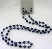 26" HAND KNOTTED OPAL INLAID BLACK ONYX GEMSTONE BEADED NECKLACE & EARRING SET