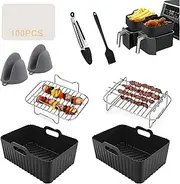 Air Fryer Accessories for Ninja Dual AF300UK AF400UK, Set of 8 Dual Air Fryer Accessories Including Silicone Air Fryer Liner & Racks & Paper Lining & Gloves & Food Clip Compatible with Oven, Microwave