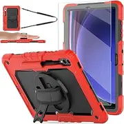 [BLOSOMEET] Case for Samsung Galaxy Tab S9 Plus 12.4" 2023 with Tempered Glass Screen Protector Pencil Holder Hand Strap&Stand,Galaxy S9 Plus Tablet Case with Shoulder Strap,Red