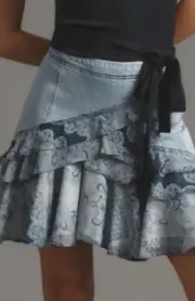 Anthropologie Pilcro Asymmetrical Ruffle Blue Denim Skirt Size LP