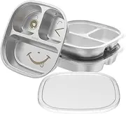 3 Pcs Stainless Steel Kid Plate, with Transparent Lid and 3 Compartments Stackable Toddler Dish, Reusable Baby Plates Divided Toddler Plates, Non-Toxic Non-Slip, Unbreakable Dishwasher Safe Dinnerware