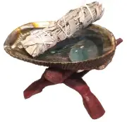 Abalone Shell Smudge Kit: Wooden Tripod White Sage Stick Fluorite Tumbled Stone