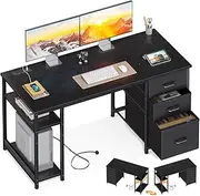 [ODK] 51inch Computer Desk with 1 File Cabinet Drawer & 2 Fabric Drawers, Home Office desk with Power Outlets, Adjustable Storage Shelf, Modern simple Study Desk for Working Writing,130*48*75.7cm,Black