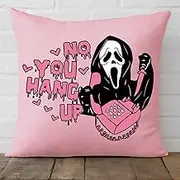 18x18 Inch Pink Throw Pillow Cover - 'No You Hang Up' Funny Horror Ghost Design, Romantic Halloween Day Decor, Soft Pillowcase for Sofa, Bedroom, Car, Birthday Party Supplies