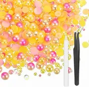 uxcell 50g Flatback Rhinestones, 3mm-10mm Mixed Rhinestones and Half Pearls with Pick Up Pen and Tweezer for Nail Art Crafts, Phone Case, Clothes DIY (Yellow Apricot Rose Red)
