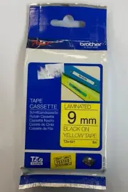 Brother P-Touch TZe-621 9mm Thermal Label Tape Plastic Black on Yellow 8m