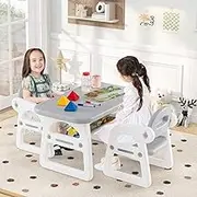 HONEY JOY Kids Table and Chairs Set with Pyramid Building Blocks Set, Toddler Activity Table with 2 Chairs for Reading, Drawing, Playing, Storage Rack, Children Furniture for 1-5 Years, Grey