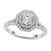 1.0 CT. T.W. Natural Diamond Double Octagonal Frame Engagement Ring in Solid 14K White Gold