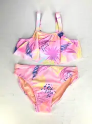 Wonder Nation Girl L (10-12) Pink Tropical Print 2-Piece Flounce Bikini Swimsuit