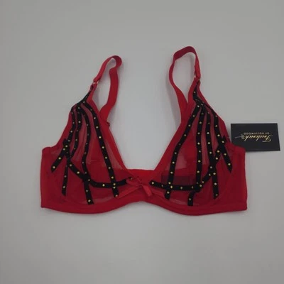 Fredericks of Hollywood Red Rozlyn Mesh Black Stud Bra Sheer Lingerie 32DD