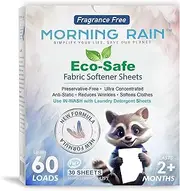 Morning Rain Eco Fabric Softener Sheets for Washing Machine - Fragrance-Free, Preservative-Free, Ultra-Concentrated - 30 Sheets for Up to 60 Loads, Anti-Static, Reduces Wrinkles, Softens Clothes