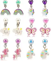 6 Pairs Colorful Clip on Drop Earrings, Resin No Pierced Design Kids Earrings Cute Unicorn Rainbow Butterfly White Clouds Dress Up Eardrop Stud Jewelry for Party Daily Wearing, Medium, Resin, No
