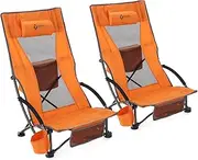 ARROWHEAD OUTDOOR 2-Pack Low Seating + 20° Reclining Folding Beach Chair w/Padded Headrest, Foam Armrest, Cup Holder, Carry Bag, 300 LBS Weight Capacity