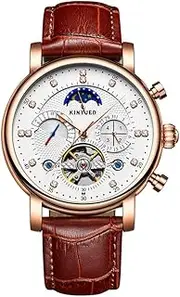 [zolyet] KINYUED Luxury 3ATM Water-Proof Automatic Mechanical Watch Genuine Skeleton Man Busin Wristwatch Chrono/Phase/Week/Calendar + Box Brown & Rose Gold