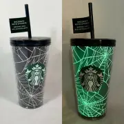 Starbucks Halloween Glow In The Dark Spider Web Tumbler w/stickers 16 Oz. 2021
