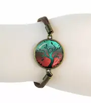 Vivid Teal Tree of Life Cabochon Charm Suede Lobster Clasp Fashion Bracelet
