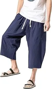 [ChangNanJun] Men's Baggy Cotton Linen Pants Casual Pocket Drawstring Calf-Length Harem Pants Beach Sports Long Shorts