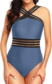[Tempt Me] Women One Piece Sexy See Through Mesh Cutout High Neck Halter Monokini