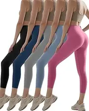 [Coume] 5 Pack High Waisted Leggings for Women Tummy Flat Workout Leggings Soft Stretch Athletic Yoga Pants Running Cycling