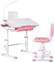 Keezi Kids Table and Chair Set, Height Adjustable Study Desk w/LED Lamp Reading Pink, Writing Table w/Tilt Desktop, Home School Student Learning Desk w/Storage Drawer