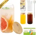 4 Set 16oz Glass Cups with Bamboo Lids & Straws, Can-Shaped, Gift Set