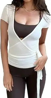 [Nituyy] Woman Ballet Tie Front Wrap Tops Y2K Pilates Yoga Short Sleeve Shirts Slim Fit Casual Dance Workout Crop Tops