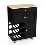 Giantex 3 Doors Wooden Kitchen Trolley Rolling Workbench Cart Bar Serving Cart Black