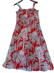 Talbots Oasis Palm Tree Print Fit & Flare Lined Midi Dress Size 12P Red Blue NWT