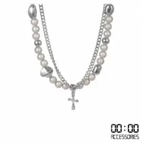 在飛比找momo購物網優惠-【00:00】個性嘻哈雙層珍珠拼接十字架造型項鍊(雙層項鍊 