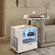 Luxsuite Smart Bedside Table with Wheels LED Nightstand Cabinet Storage Bedroom High Gloss Finish with Adjustable Laptop Desk USB & Type C Ports White