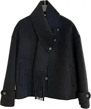 [DSAoTeng] Women Single Breasted with Tassel Scarf Tweed Short Coat-With Detachable Scarf Casual Stylish Fashion Warm Woolen Overcoat for Winter Office Wear