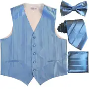 New Men's stripes Tuxedo Vest Waistcoat & necktie & Bow tie & Hankie Light blue