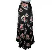 Anthropologie Elevenses Tansy Black Satin Floral Ruffle Hem Split Pants- Size 8