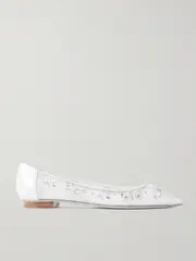 [René Caovilla] René Caovilla - Leather-trimmed Crystal-embellished Tulle Point-toe Flats - White - IT38 IT 38 White